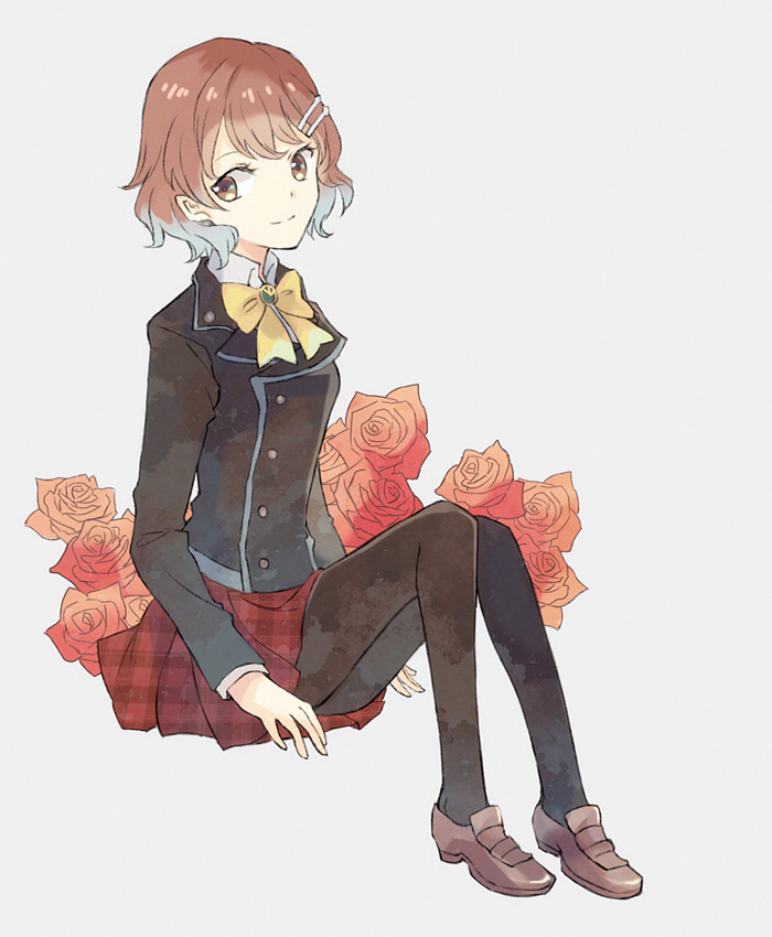 1girl, black_legwear, bow, brown_eyes, brown_footwear, brown_hair, flower, full_body