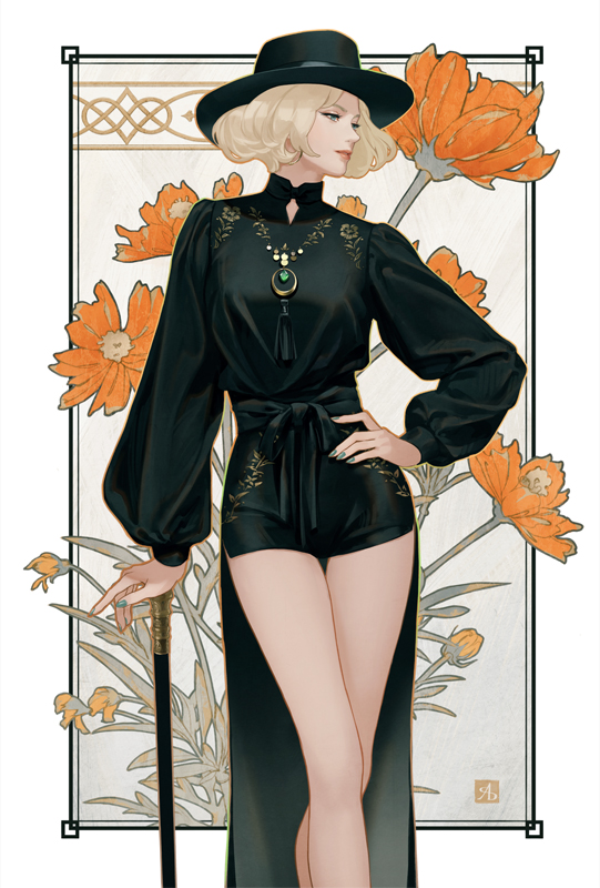 1girl, bare_legs, black_dress, black_headwear, blonde_hair, blue_eyes, blue_nails, border