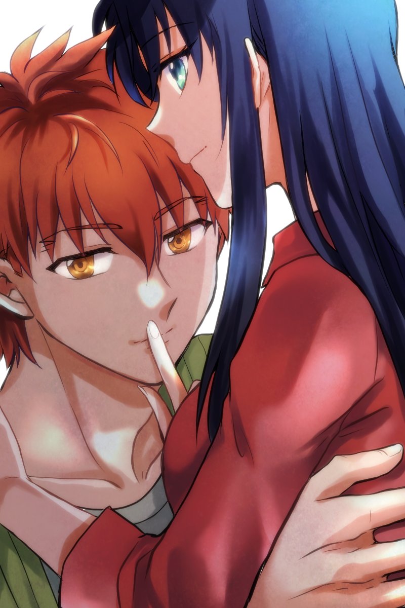 1boy, 1girl, black_hair, blue_eyes, emiya_shirou, fate/stay_night, fate_(series), finger_to_mouth