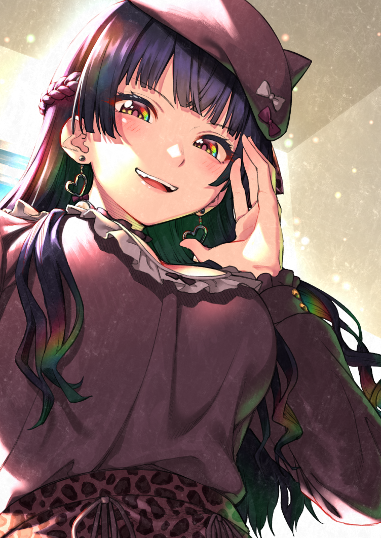 1girl, aisu_reizou, animal_print, arm_up, bangs, beret, black_hair, blouse