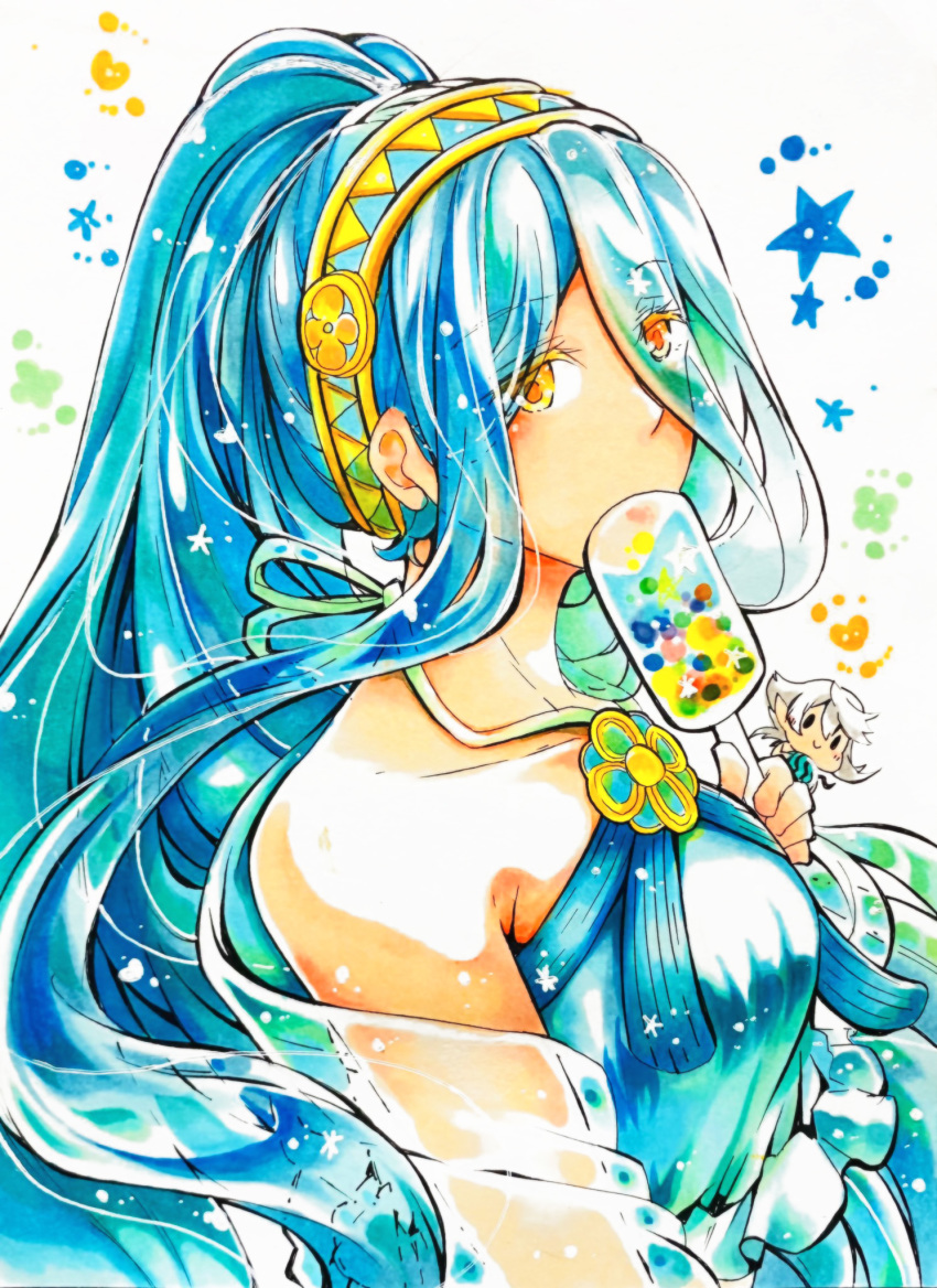 1boy, 1girl, azura_(fire_emblem), blue_hair, corrin_(fire_emblem), corrin_(fire_emblem)_(male), eating, eyebrows_visible_through_hair