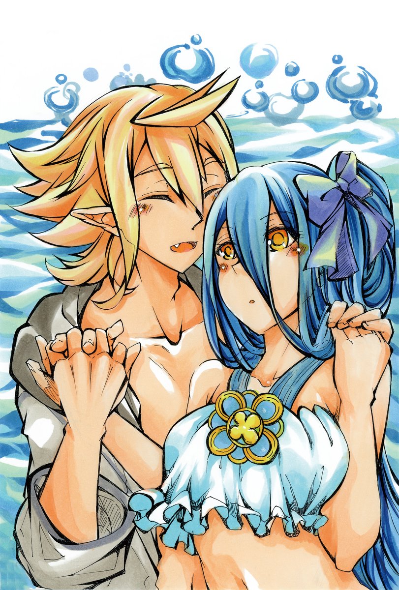 1boy, 1girl, azura_(fire_emblem), blue_eyes, blue_hair, blush, closed_eyes, corrin_(fire_emblem), corrin_(fire_emblem)_(male), fire_emblem, fire_emblem_fates, hair_ribbon, highres, holding_hands, long_hair, pointy_ears, ribbon, shiratsu_(white-seaside), smile, swimsuit, white_hair, yellow_eyes