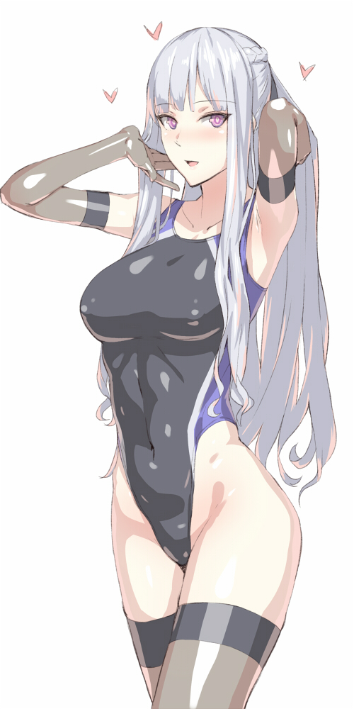 1girl, ak-12_(girls_frontline), black_gloves, black_legwear, black_swimsuit, breasts, character_request, closed_eyes