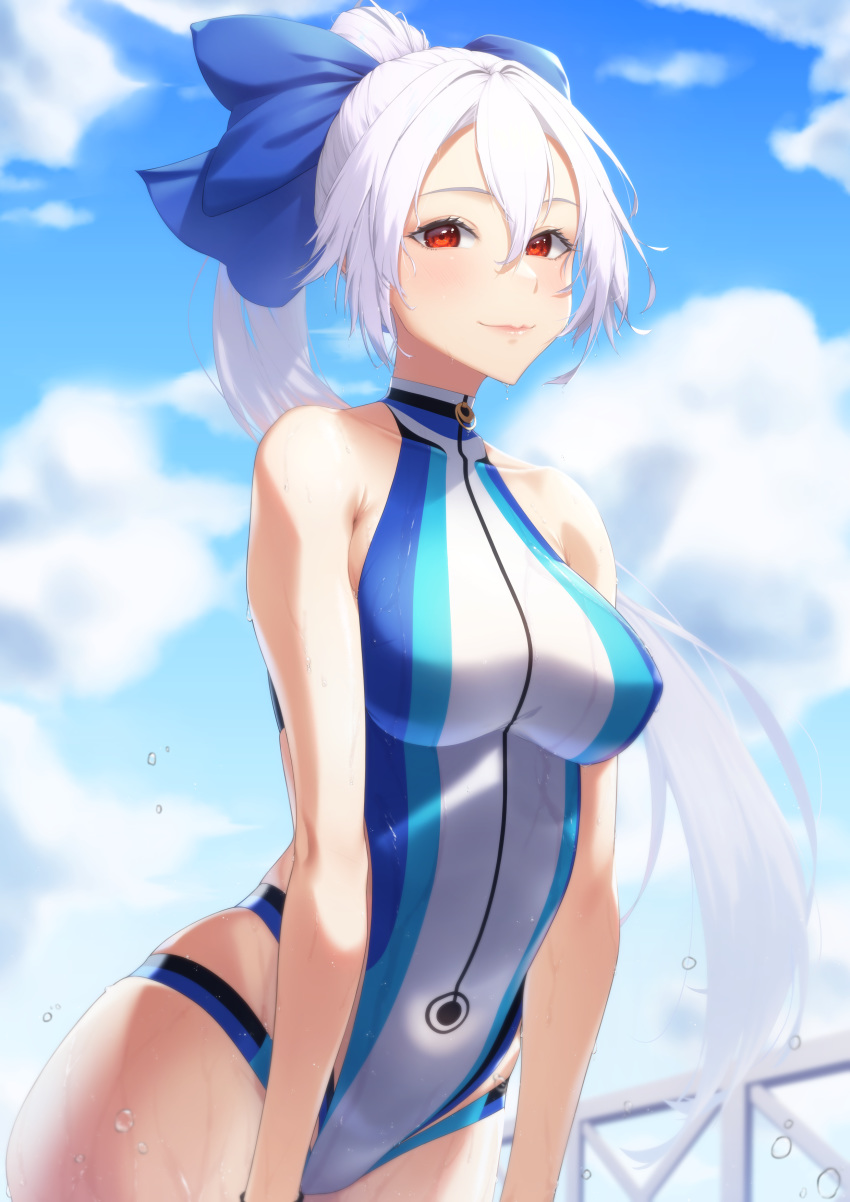 1girl, absurdres, bangs, blue_bow, blue_sky, blue_swimsuit, blush, bow