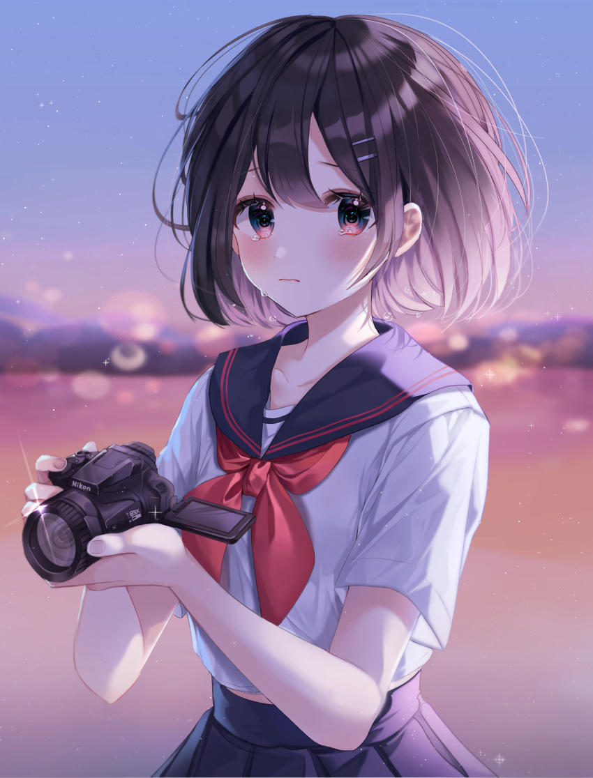 1girl, absurdres, bangs, black_hair, blue_sailor_collar, blue_skirt, camera, closed_mouth