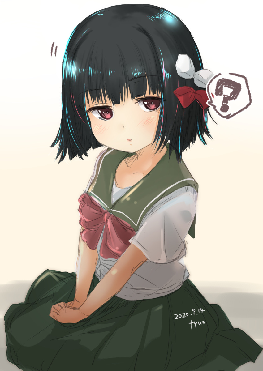 1girl, ?, adapted_costume, black_hair, fyuo, green_sailor_collar, green_skirt, hair_ribbon