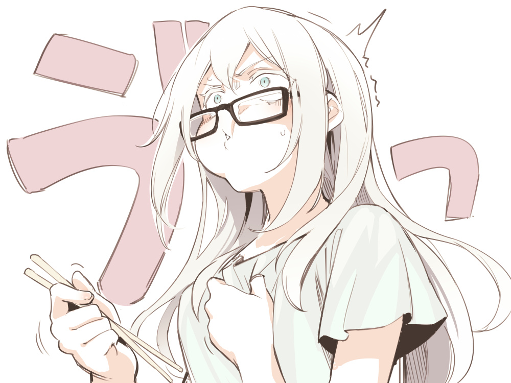 /\/\/\, 1girl, asutora, asutora-chan, black-framed_eyewear, chopsticks, glasses, green_eyes