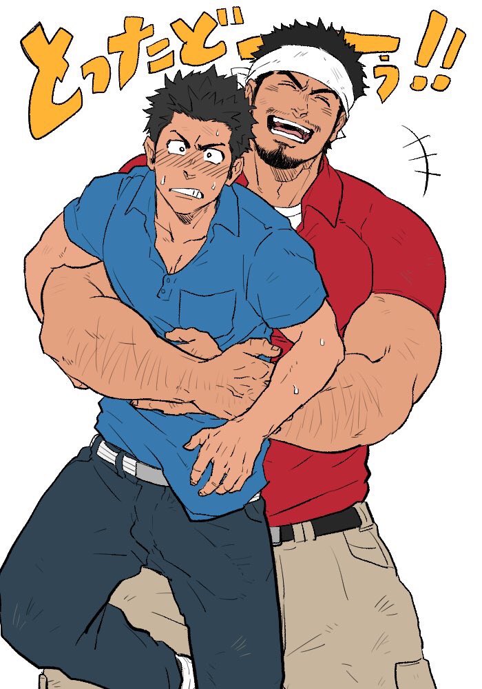 2boys, ^_^, bara, belt, black_hair, blue_shirt, blush, body_hair