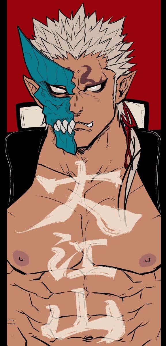 1boy, abs, bara, chest, chun_(luxtan), dark_skin, dark_skinned_male, fang