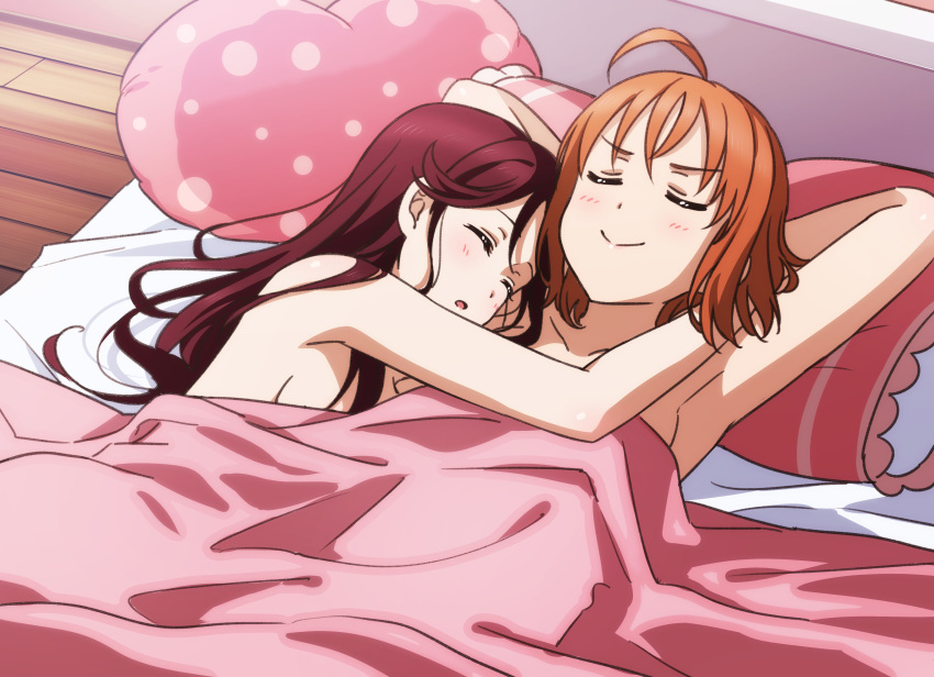 2girls, absurdres, ahoge, armpits, arms_behind_head, bed, bedroom, blanket