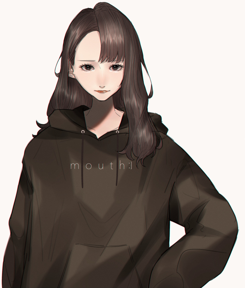 1girl, black_hoodie, brown_eyes, brown_hair, ear_piercing, hand_in_pocket, highres, long_hair