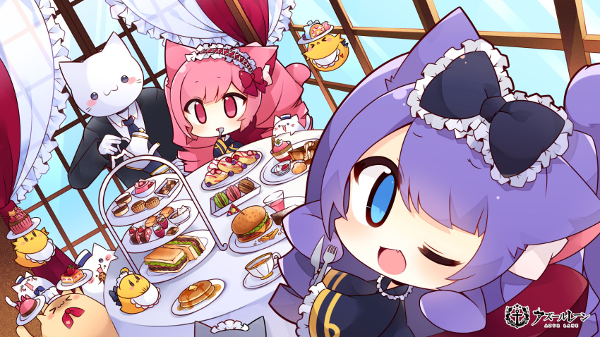 2girls, alternate_costume, animal_ear_fluff, animal_ears, apron, azur_lane, black_suit, blue_eyes