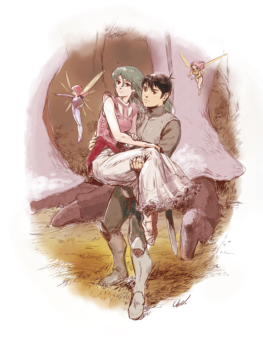1boy, 3girls, absurdres, black_hair, brown_eyes, carrying, cham_fau, ciela_lapana
