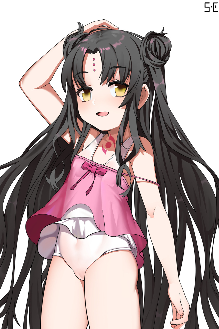 1girl, absurdres, arm_up, black_hair, brown_eyes, camisole, double_bun, facial_mark