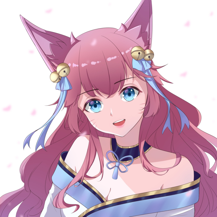 1girl, ahri, animal_ears, blue_eyes, close-up, fox_ears, fox_girl, long_hair