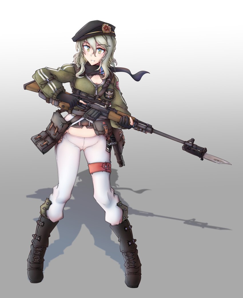 1girl, absurdres, bayonet, beret, boots, combat_boots, girls_frontline, gloves, gun, hat, highres, holding, holding_gun, holding_weapon, jacket, magazine_(weapon), military, military_uniform, mmmn540d88, pants, rifle, scarf, smile, sniper_rifle, track_jacket, uniform, weapon, white_background, white_hair, white_legwear, yellow_eyes, zas_m76_(girls_frontline), zastava_m76