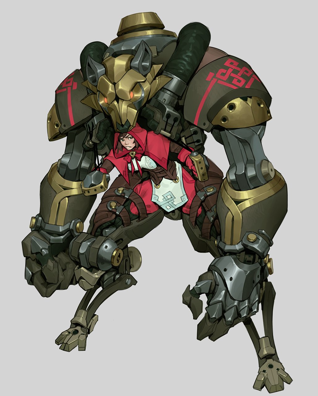 1girl, big_bad_wolf_(grimm), brown_hair, clenched_hand, english_commentary, glowing, glowing_eyes, grey_eyes, highres, hood, hood_up, ian_su, little_red_riding_hood, little_red_riding_hood_(grimm), looking_at_viewer, mecha, mechanization, orange_eyes
