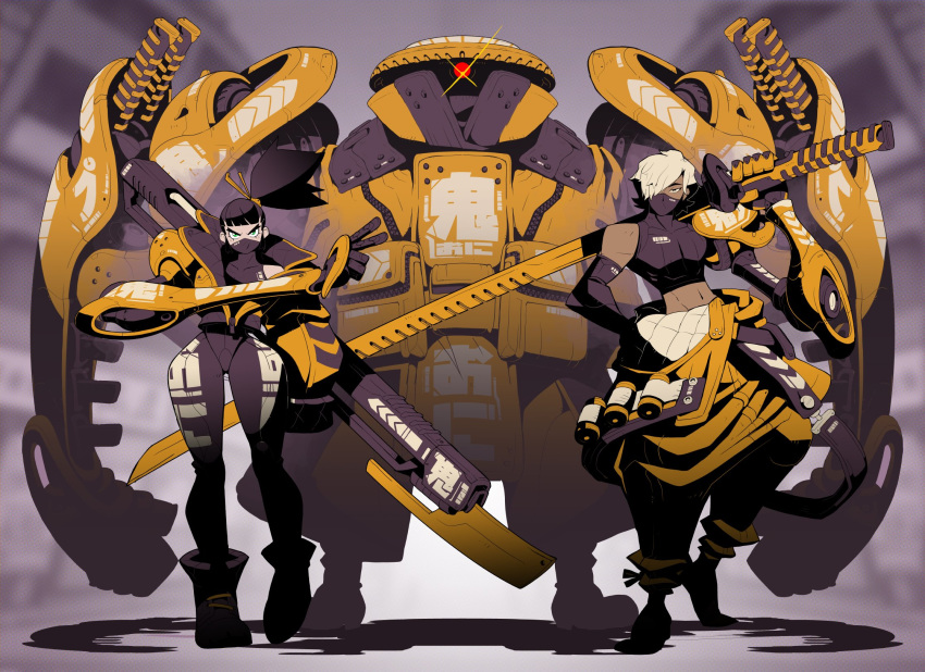 1boy, 1girl, black_gloves, black_hair, blue_eyes, crop_top, cyborg, doug_harvey, elbow_gloves, english_commentary, gloves, gun, highres, holding, holding_gun, holding_sword, holding_weapon, huge_weapon, long_legs, looking_at_viewer, mecha, midriff, navel, ninja_mask, one-eyed, original, over_shoulder, red_eyes, sword, v, v-shaped_eyebrows, weapon, white_hair, wide_hips