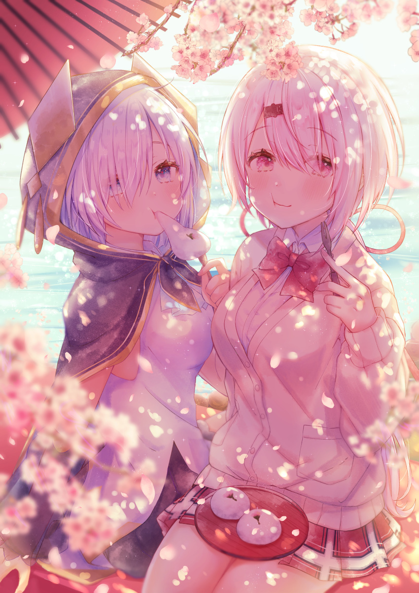 2girls, absurdres, ars_almal, black_cape, blue_eyes, blurry_foreground, bow, bowtie, breasts, buttons, cape, cardigan, cherry_blossoms, commentary_request, eating, food, highres, holding, hood, hood_up, huge_filesize, large_breasts, looking_at_viewer, multiple_girls, nijisanji, pink_eyes, pink_hair, pleated_skirt, red_neckwear, school_uniform, shiina_yuika, shirt, short_hair, sitting, skirt, sunlight, syunmin_n000, virtual_youtuber, water, white_hair, white_shirt
