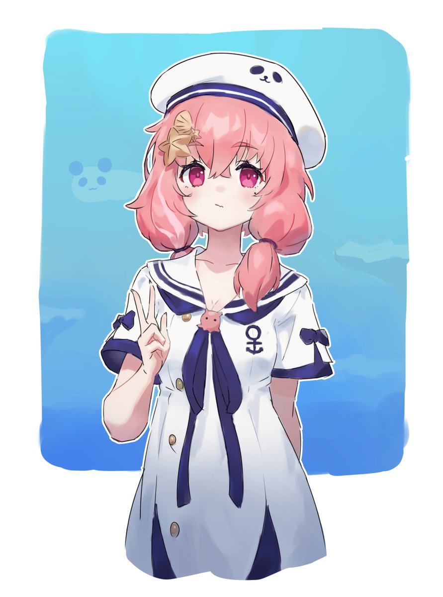 1girl, arm_behind_back, bangs, beret, blue_bow, blue_ribbon, border, bow, closed_mouth, collarbone, commentary, dress, expressionless, eyebrows_visible_through_hair, ftst2020, hat, highres, looking_at_viewer, mole, mole_under_eye, neck_ribbon, nijisanji, panda, pink_eyes, pink_hair, ribbon, romaji_commentary, sailor_collar, sailor_dress, sasaki_saku, seashell_hair_ornament, short_sleeves, solo, standing, starfish_hair_ornament, virtual_youtuber, w, white_border, white_dress, white_headwear, white_sailor_collar