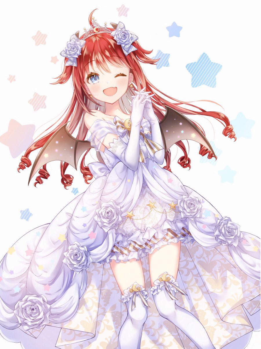 1girl, ;d, bare_shoulders, bat_wings, blush, bow, commentary_request, demon_girl