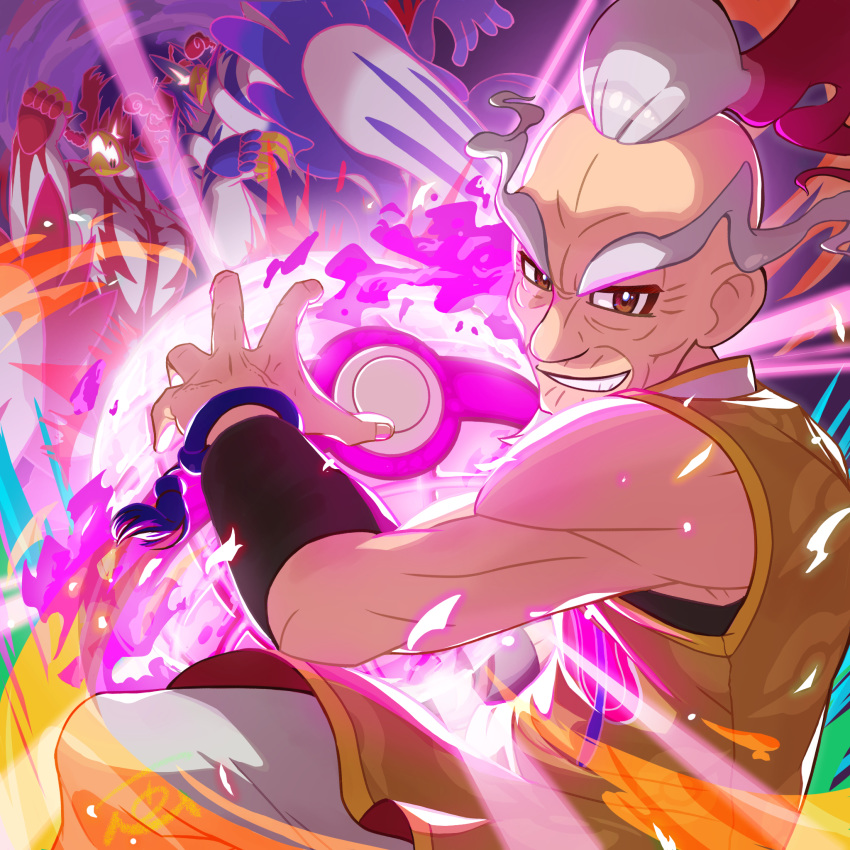 1boy, bare_shoulders, bracelet, brown_hair, commentary_request, dynamax_ball, energy, floating_hair