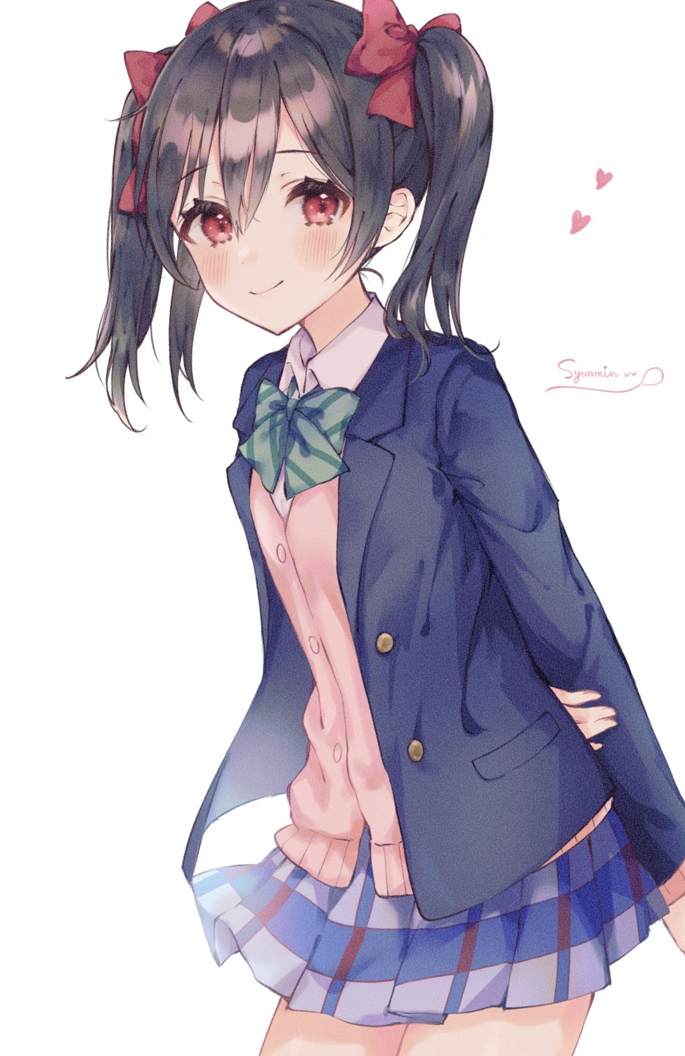 1girl, black_hair, blush, bow, bowtie, buttons, closed_mouth, collared_shirt