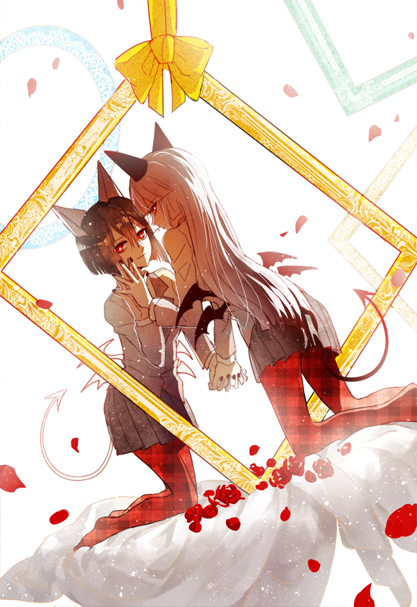 2girls, animal_ears, arbus, ater, bangs, black_nails, bow, cat_ears