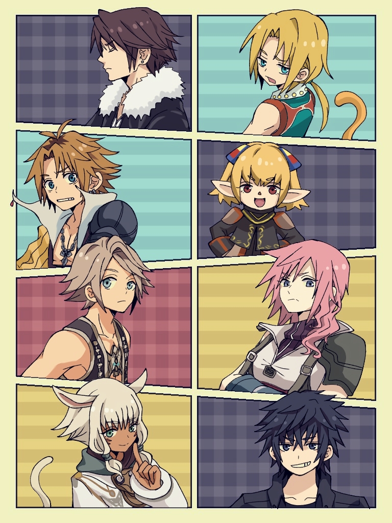 3girls, 5boys, animal_ears, armor, bare_shoulders, black_hair, blonde_hair, blue_eyes, brown_hair, cat_ears, closed_eyes, commentary_request, dissidia_final_fantasy, dissidia_final_fantasy_opera_omnia, earrings, final_fantasy, final_fantasy_ix, final_fantasy_viii, final_fantasy_x, final_fantasy_xi, final_fantasy_xii, final_fantasy_xiii, final_fantasy_xiv, final_fantasy_xv, frown, fur_trim, grin, hair_ornament, hood, jewelry, lightning_(ff13), lightning_farron, looking_at_viewer, looking_back, looking_down, miqo'te, multiple_boys, multiple_girls, noctis_lucis_caelum, open_mouth, parted_lips, pauldrons, pink_hair, pointy_ears, ponytail, popped_collar, red_eyes, ribbed_sweater, shantotto, short_hair, shoulder_armor, smile, squall_leonhart, sweater, tail, tarutaru, tidus, turtleneck, vaan, vest, white_hair, y'shtola_rhul, zidane_tribal