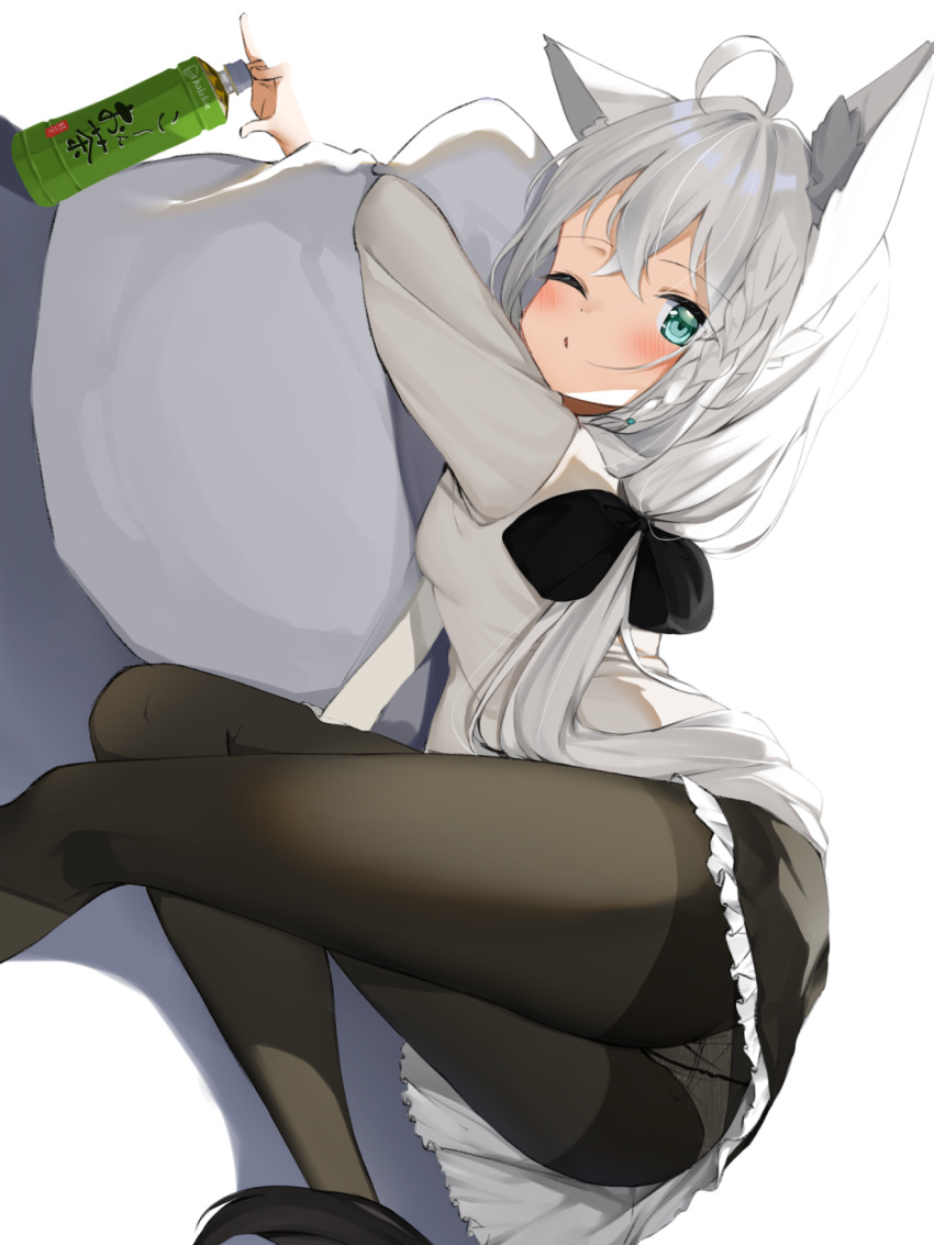 1girl, ahoge, animal_ear_fluff, animal_ears, bangs, black_bow, black_legwear, blush