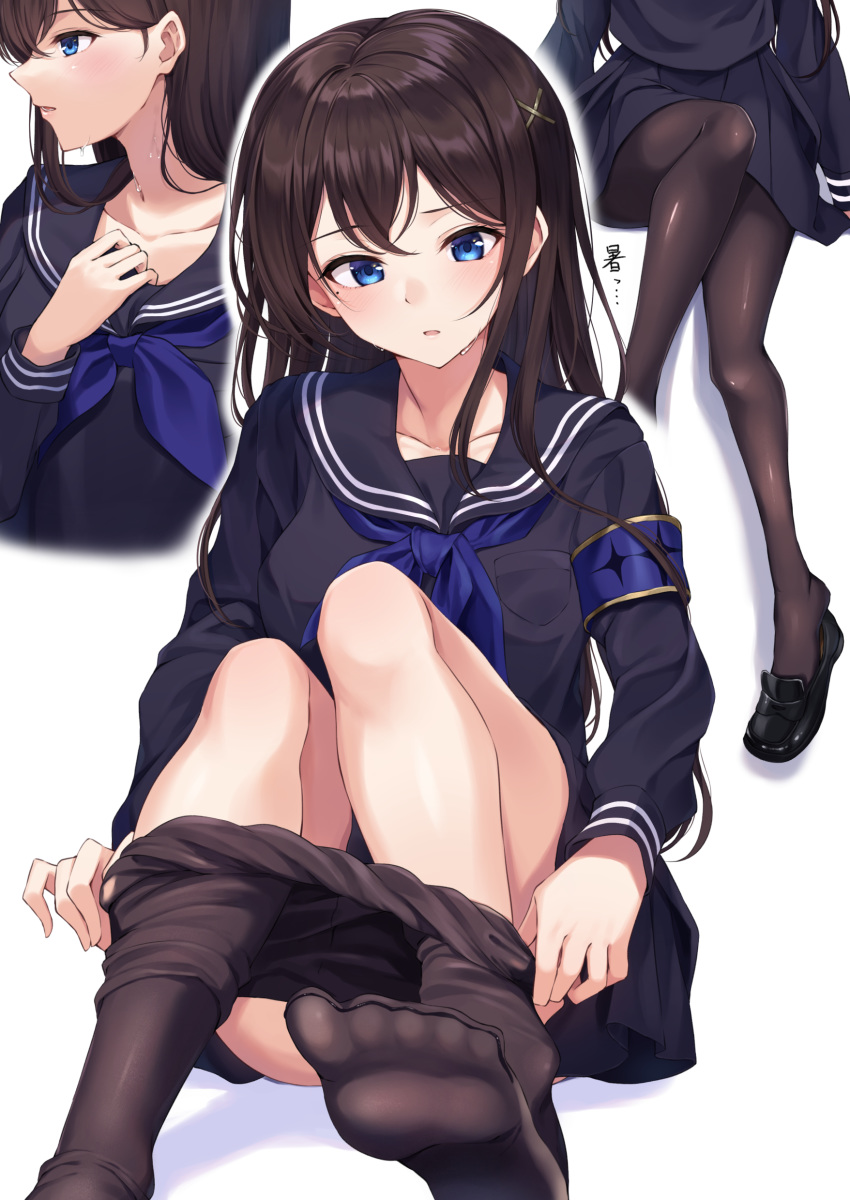 1girl, absurdres, armband, bangs, black_hair, black_legwear, black_serafuku, blue_eyes