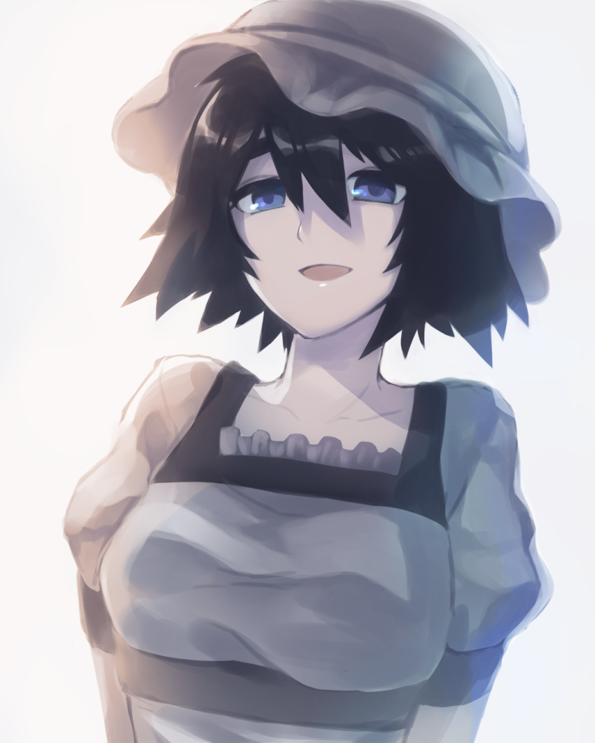 1girl, :d, beekan, black_hair, blue_eyes, blue_headwear, breasts, close-up, collarbone, commentary_request, face, frills, hair_between_eyes, hat, highres, looking_at_viewer, medium_breasts, open_mouth, portrait, puffy_sleeves, shiina_mayuri, short_hair, short_sleeves, smile, solo, steins;gate, white_background