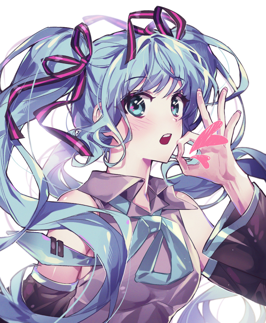 1girl, aqua_eyes, aqua_hair, aqua_neckwear, bare_shoulders, black_sleeves, detached_sleeves, grey_shirt