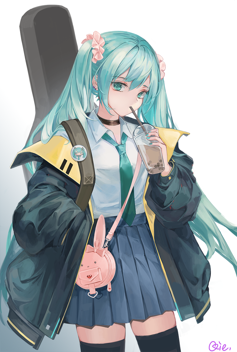 1girl, blue_eyes, blue_hair, choker, cowboy_shot, crypton_future_media, cup, disposable_cup, drinking, drinking_straw, eyebrows_visible_through_hair, guitar_case, hair_between_eyes, hatsune_miku, heart, holding, holding_cup, instrument_case, jacket, long_hair, long_sleeves, looking_at_viewer, open_clothes, open_jacket, otaku, qie, school_uniform, simple_background, skirt, solo, standing, thigh-highs, twintails, vocaloid, white_background, yamaha_(company), zettai_ryouiki