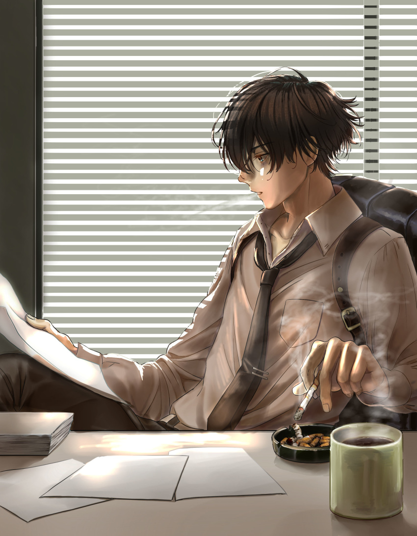 1boy, absurdres, ashtray, black_hair, blinds, chair, cigarette, cigarette_butt, coffee, collar_x_malice, cup, desk, hair_between_eyes, highres, holding, holding_paper, holster, hoshino_eritas, indoors, long_sleeves, male_focus, mug, necktie, paper, paper_stack, shirt, shoulder_holster, sitting, smoking, solo, white_shirt, window, yanagi_aiji