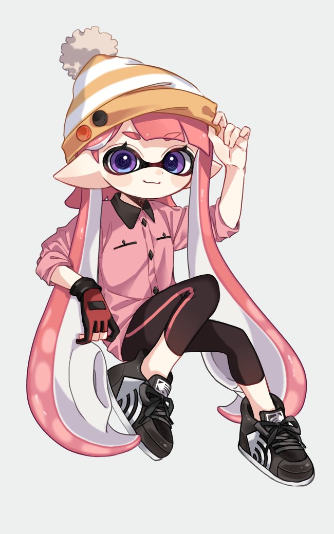 1girl, adjusting_clothes, adjusting_headwear, bangs, black_footwear, black_gloves, black_legwear, blue_eyes