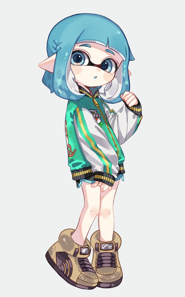 1girl, aqua_eyes, aqua_hair, aqua_tongue, bangs, black_shorts, blunt_bangs, brown_footwear