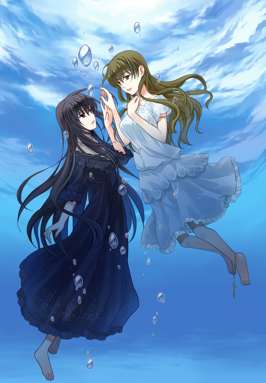 2girls, air_bubble, akanegasaki_sora, anklet, black_dress, black_hair, blue_background, breasts
