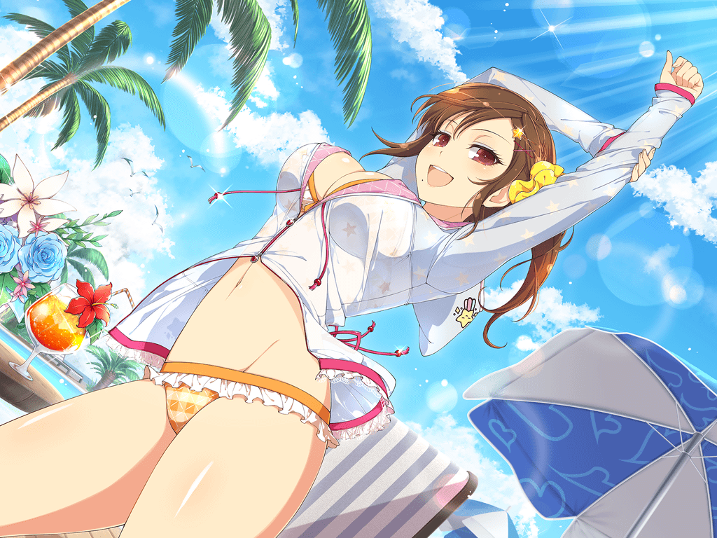 1girl, arms_up, bikini, bikini_under_clothes, breasts, brown_eyes, brown_hair, day