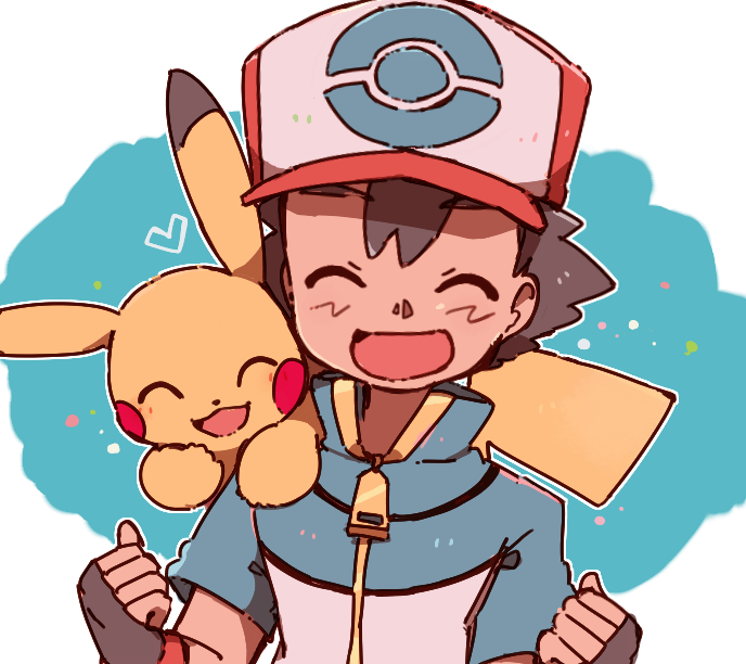 1boy, :d, ash_ketchum, bangs, baseball_cap, blue_jacket, blush, brown_gloves, brown_hair, clenched_hands, closed_eyes, eyebrows_visible_through_hair, fingerless_gloves, gen_1_pokemon, gloves, hands_up, hat, heart, jacket, on_shoulder, open_mouth, pikachu, pokemon, pokemon_(anime), pokemon_(creature), pokemon_bw_(anime), pokemon_on_shoulder, smile, tongue, yukikokoro, zipper_pull_tab