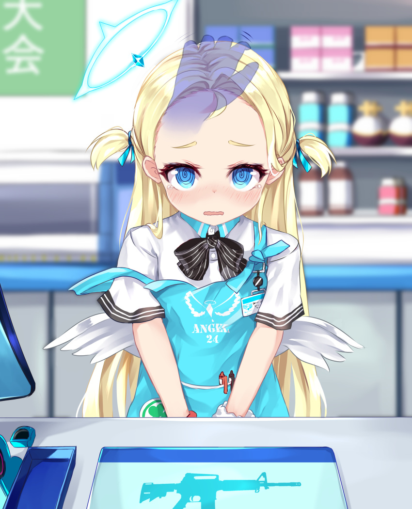 1girl, @_@, absurdres, angel, angel_wings, apron, blonde_hair, blue_archive
