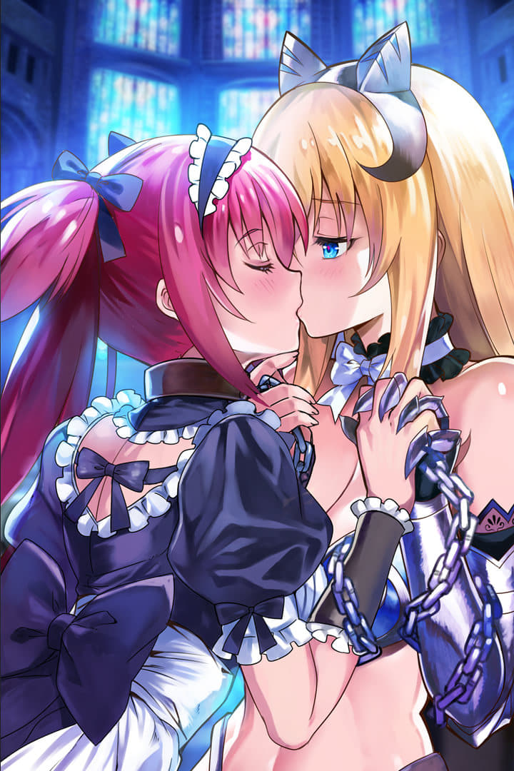 1girl, 2girls, airi_(queen's_blade), apron, armor, bangs, bikini_armor, black_bow