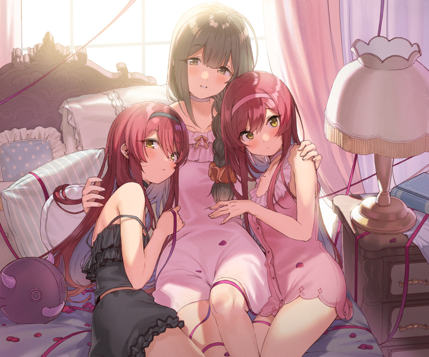 3girls, backlighting, bangs, bare_arms, bare_shoulders, bed, bed_frame, black_hairband