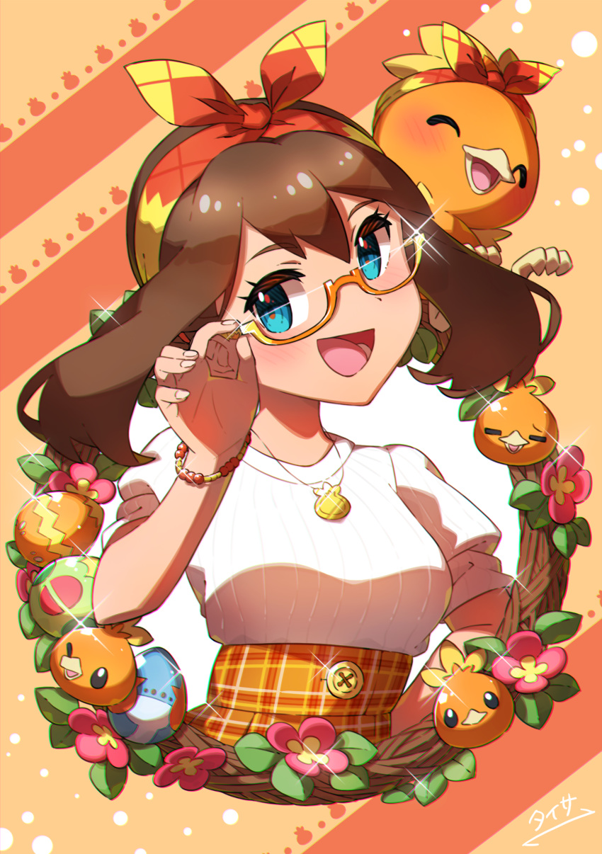 1girl, :d, absurdres, adjusting_eyewear, alternate_costume, bangs, blue_eyes, blush