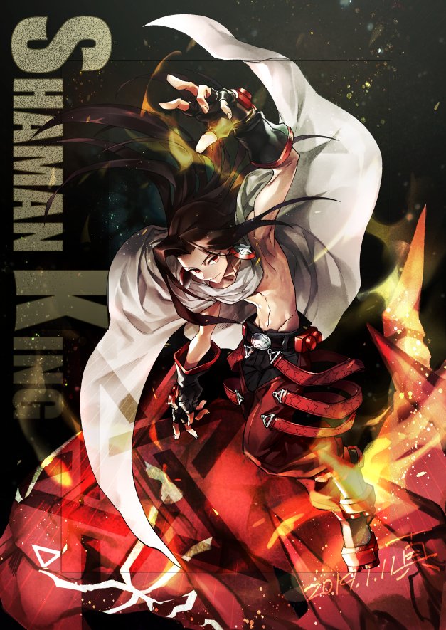 1boy, arm_up, asakura_hao, belt, belt_buckle, black_gloves, black_pants, brown_hair