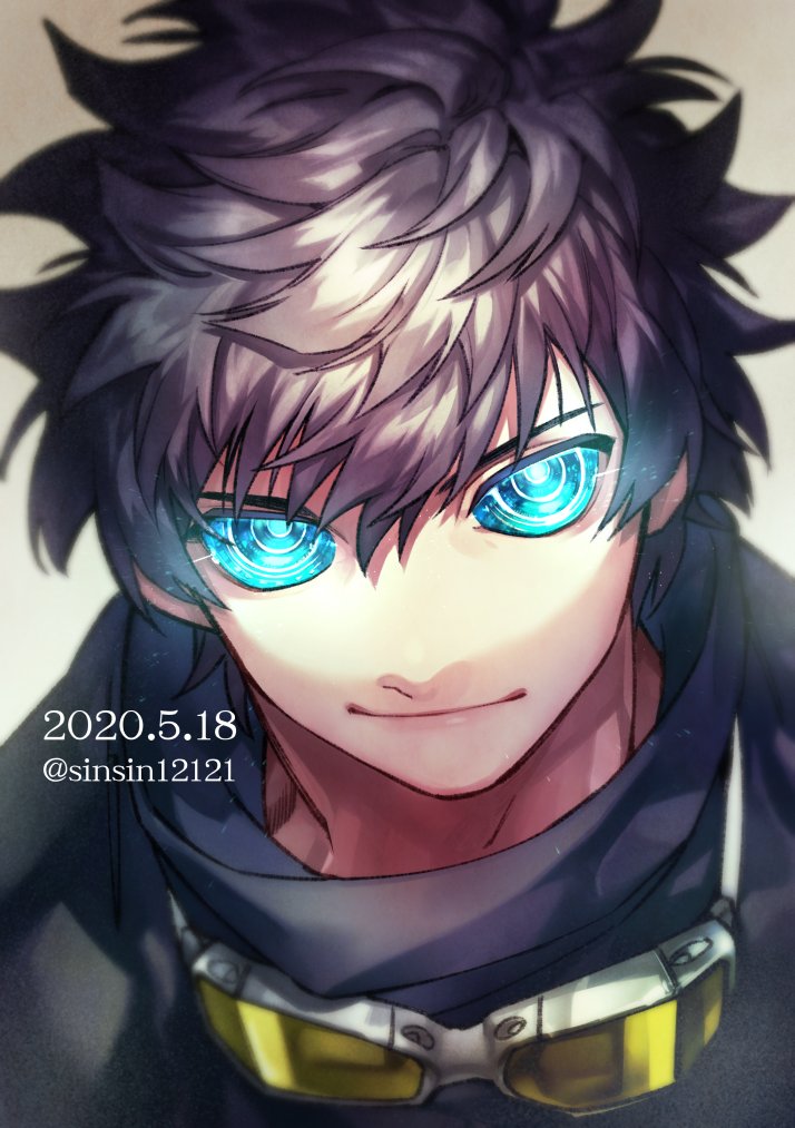 1boy, black_hair, blue_eyes, collared_jacket, dated, glowing, glowing_eyes, goggles