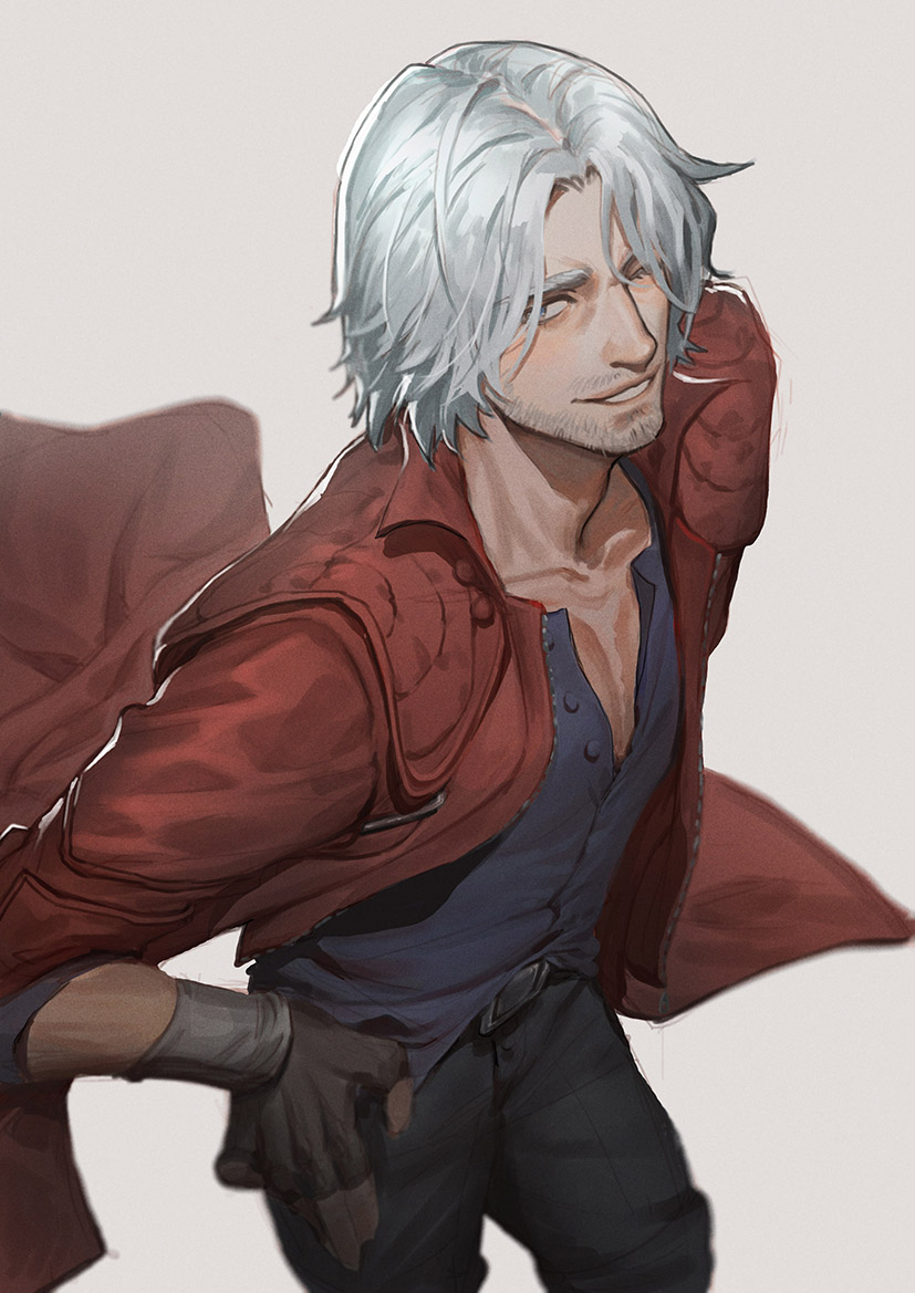1boy, bangs, black_gloves, black_pants, blue_eyes, blue_shirt, coat, collarbone, cowboy_shot, dante_(devil_may_cry), devil_may_cry, devil_may_cry_(series), devil_may_cry_5, english_commentary, facial_hair, fingerless_gloves, fulushouxijixiangcha, gloves, grey_background, hair_between_eyes, hair_over_one_eye, hand_on_hip, long_coat, looking_at_viewer, male_focus, one_eye_closed, pants, parted_bangs, partially_unbuttoned, pectorals, red_coat, shirt, silver_hair, simple_background, sleeve_rolled_up, smile, solo, standing, stubble