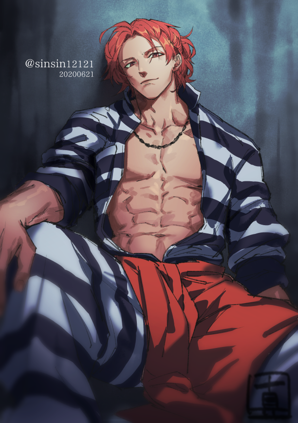 1boy, abs, against_wall, closed_mouth, dated, luchino_gregoretti, lucky_dog_1, male_focus, muscle, open_clothes, open_shirt, prison_clothes, red_eyes, redhead, signature, sinsin12121, sitting, solo, striped, striped_clothes, twitter_username