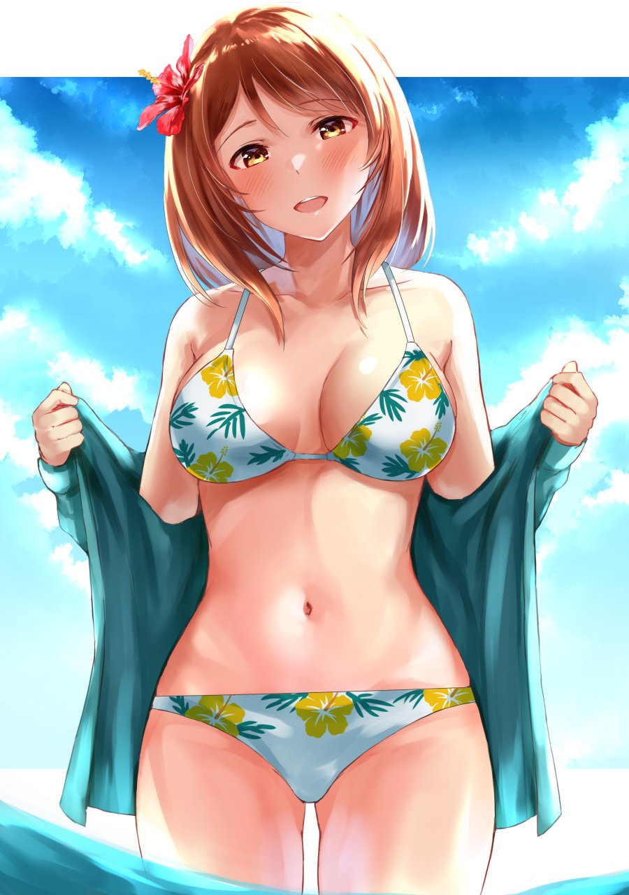 1girl, :d, bangs, bikini, blush, breasts, brown_eyes, brown_hair