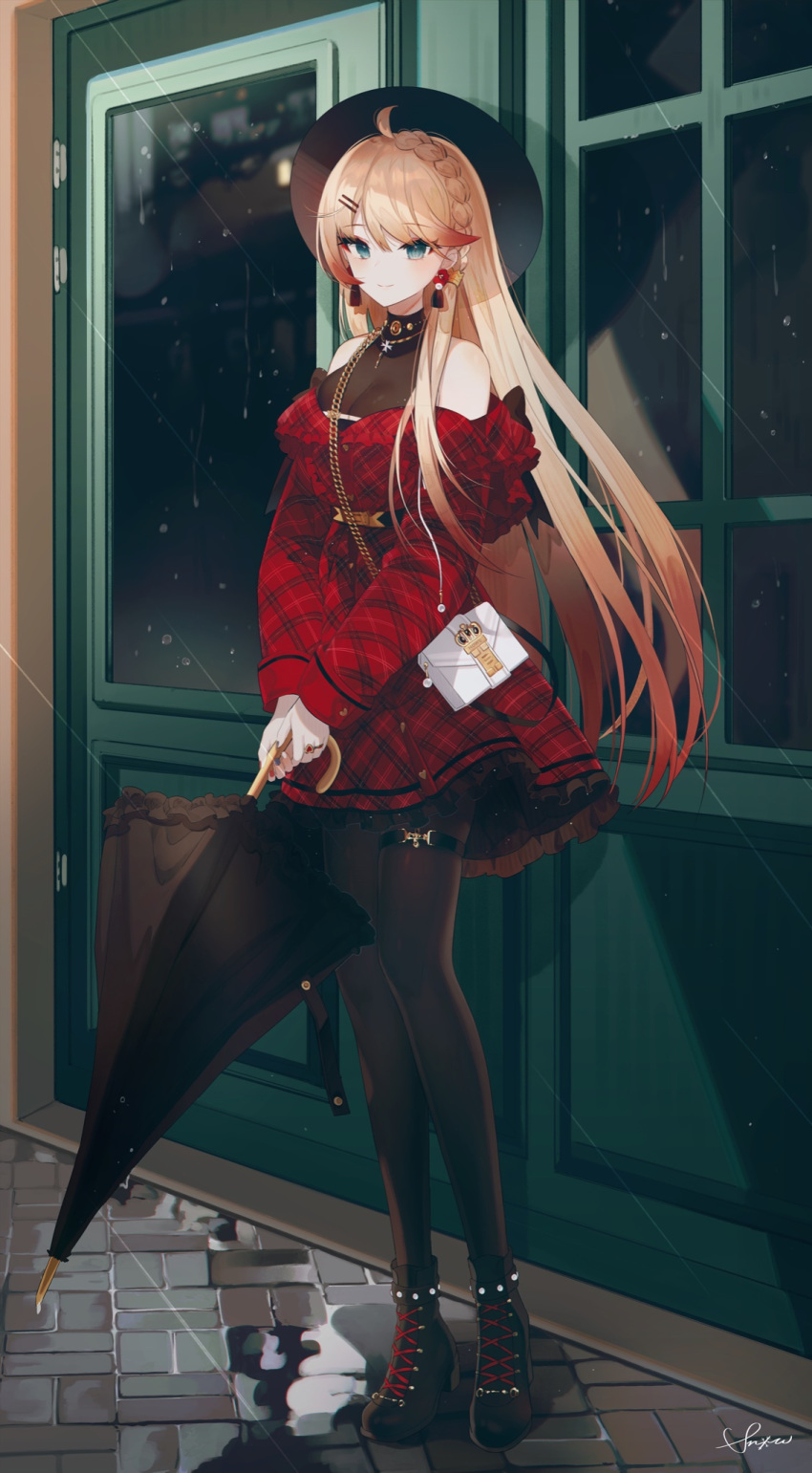 1girl, ahoge, aqua_eyes, azur_lane, bare_shoulders, black_footwear, black_headwear, black_legwear